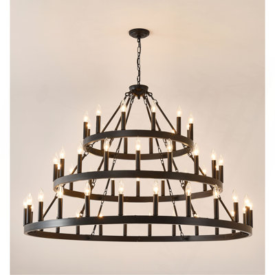 Lustre à 3 niveaux avec roulettes de style campagnard à 54 lumières (24 + 18 + 12), lustres en métal à 3 étages pour vestibule industriel pour plafond de salle à manger. Hauteur réglable - E12