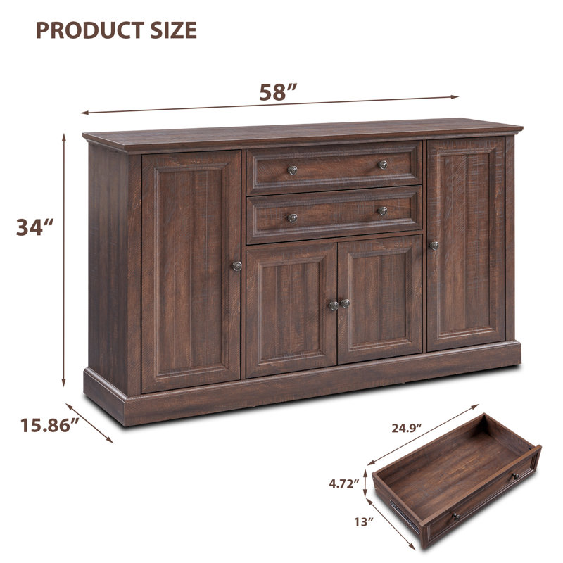 Rustic Brown 58" Wood Buffet Cabinet with Storage and Drawers