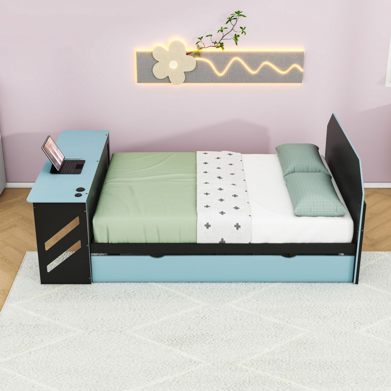 Wood Daybed with Trundle,Desk and USB, Cloud Blue