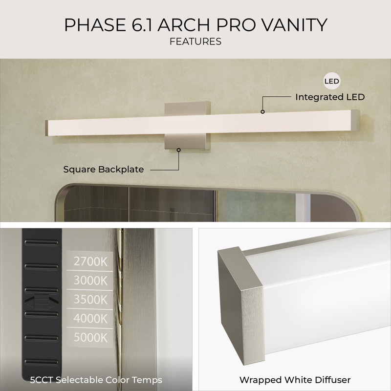 Phase 6.1 Collection 24" 5CCT Integrated LED Brushed Nickel Linear Vanity Light, Brushed Nickel, 24"