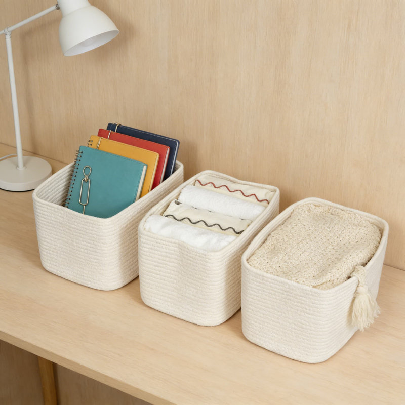 Woven Cotton Rope Storage Basket With Handles, Rectangle Organizer Bin For Shelves, Closet, Nursery, Toys, Books, And Home Decor