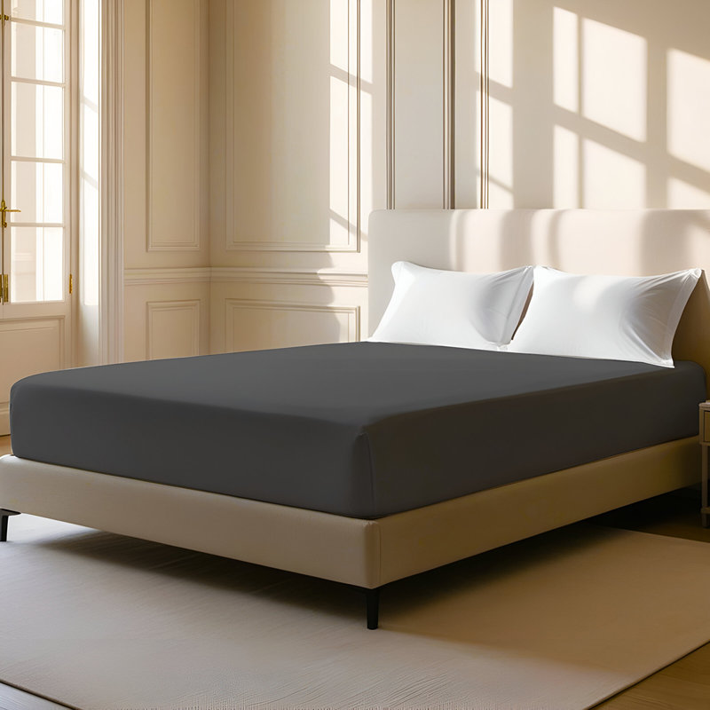 400TC Sateen Solid Cotton Fitted Sheet Fits Upto 8" Deep Pocket, Dark Grey, Full XL Fitted Sheet