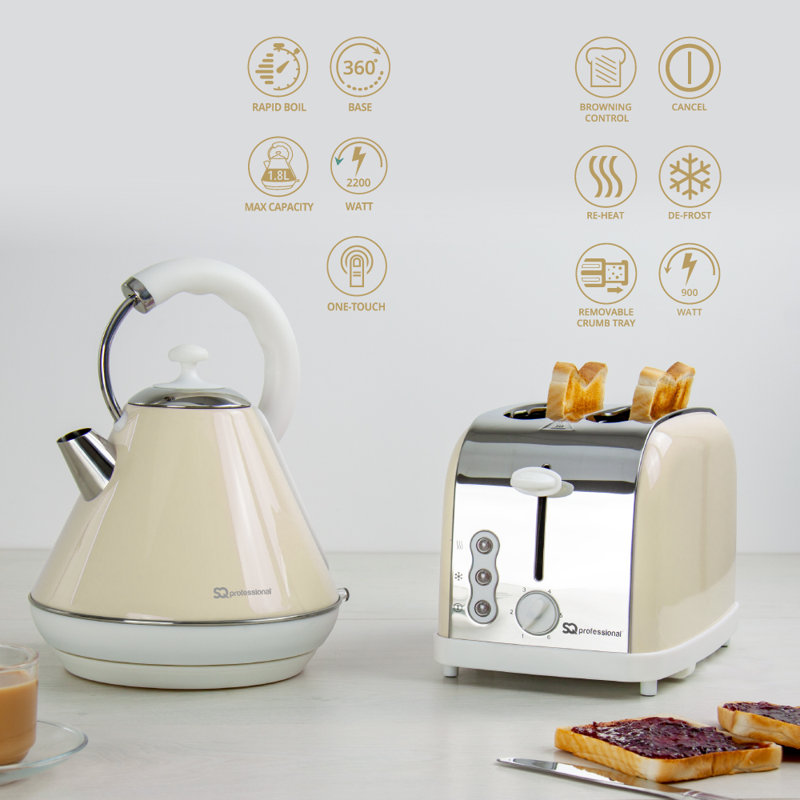 SQ Professional Dainty 1.8L Stainless Steel Electric Kettle and 2 Slice Toaster Set, Tan
