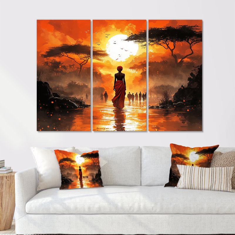 Orange Orange Journey II - ensemble de décorations murales paysage africain, H 28 po x l 36 po x P 1 po, Toile tendue