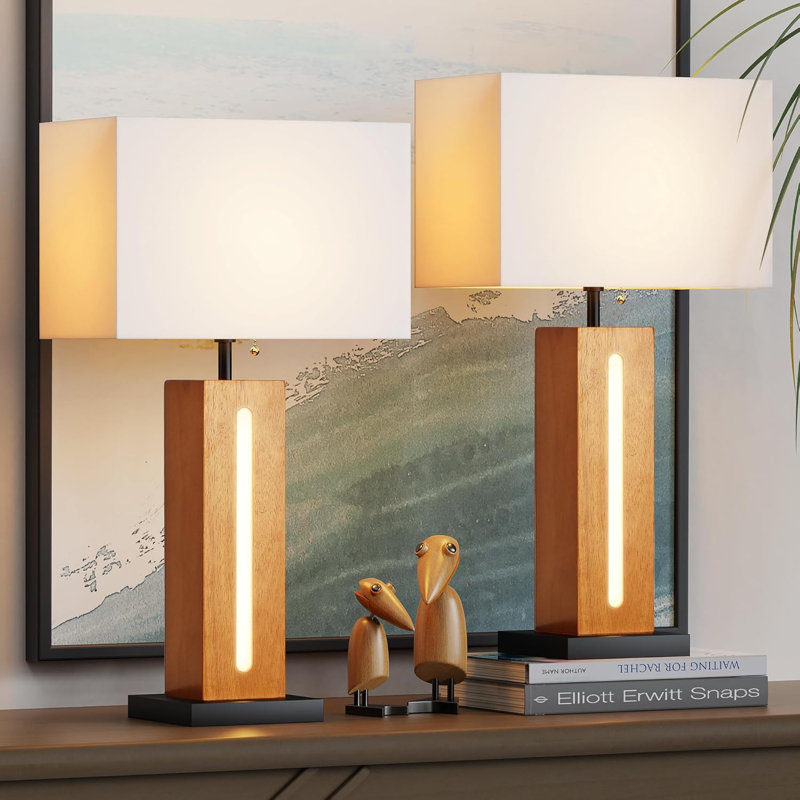Dimmable Table Lamp with Led Nightlight, Square Wood Grain Bedside Lamp Set of 2