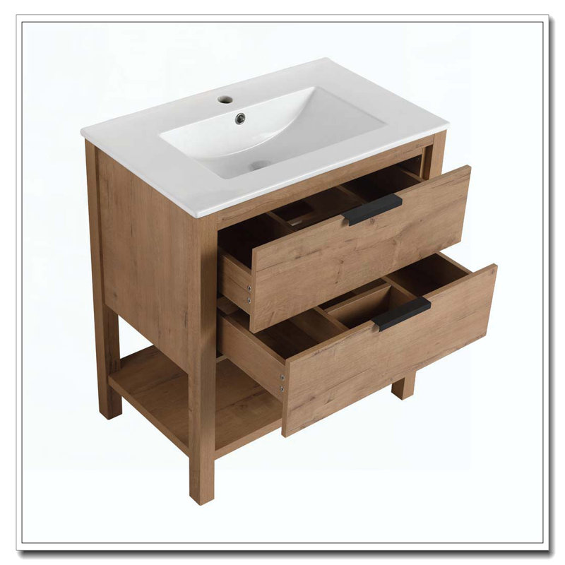 Meuble-lavabo en contreplaqué avec deux tiroirs, sans vasque.