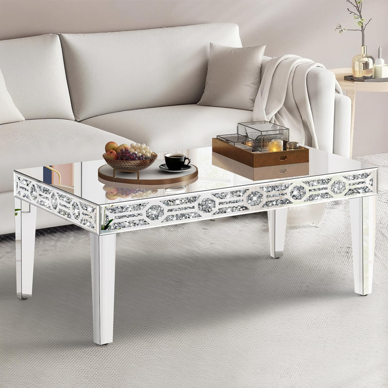 Table basse rectangulaire en miroir, tables de salon argentées avec incrustation de cristal, table basse moderne unique en miroir, meubles en miroir pour le salon, le bureau