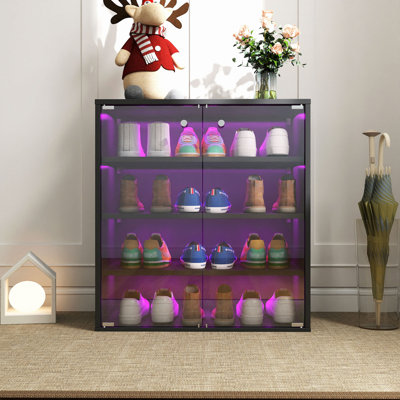 Shoe Box with RGB LED Light, Wooden Stackable Shoe Storage Box with Glass Door, Shoe Storage Bin Shoe Display Case for Sneakers (4 Tier-1)