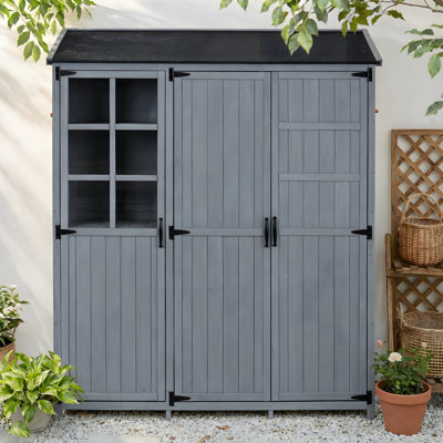 [Avec vidéo d'assemblage] Grande remise de jardin pour terrasse 60,6 x 19,3 x 71,6 pouces avec toit imperméable TopMAX, armoire de rangement à 3 portes avec poste de travail, 7 tablettes de rangement, 2 tiroirs et 6 crochets pour la cour arrière, gris