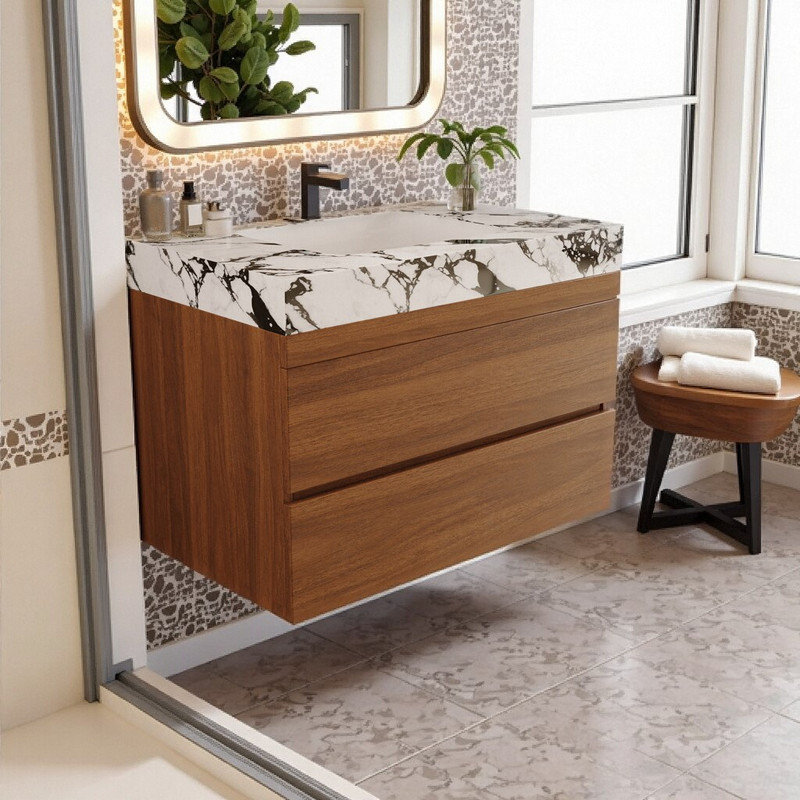 Meuble-lavabo flottant 29,9 po avec comptoir en faux marbre, lavabo encastré en céramique et armoire en bois massif, Brun