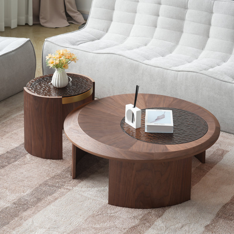 Walnut Wood and Ripple Glass Round Nesting Coffee Table Set