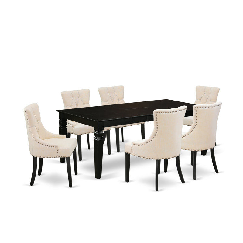7 Piece Dining Set Consist of a Rectangle Dining Room Table with Butterfly Leaf and 6 Light Beige Linen Fabric Upholstered Chairs, Black