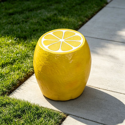 Tabouret de 14 po en résine jaune en forme de citron, table d'appoint amusante à usages multiples et support pour plante