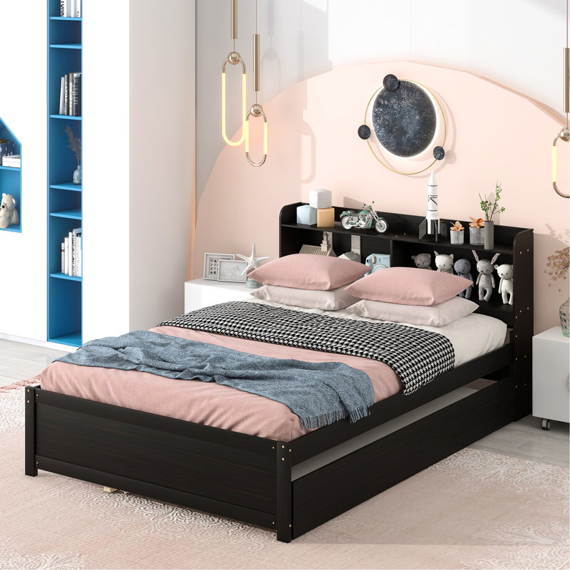 Lit double avec lit gigogne et bibliothèque, peu encombrant pour la chambre à coucher, pin de qualité