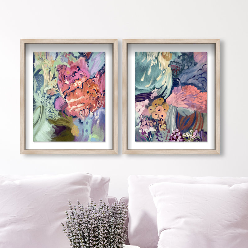 Abstract Botanicals Set Shadowbox Abstract Print by Oliver Gal, Black Frame, 16 x 20, Natural Oak Shadowbox, 17"H x 21"W