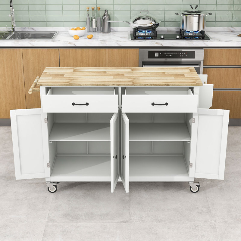 Chariot pour îlot de cuisine avec plateau en bois massif et roues verrouillables, largeur de 54,3 pouces, armoire à 4 portes et deux tiroirs, support à épices, porte-serviettes (blanc)