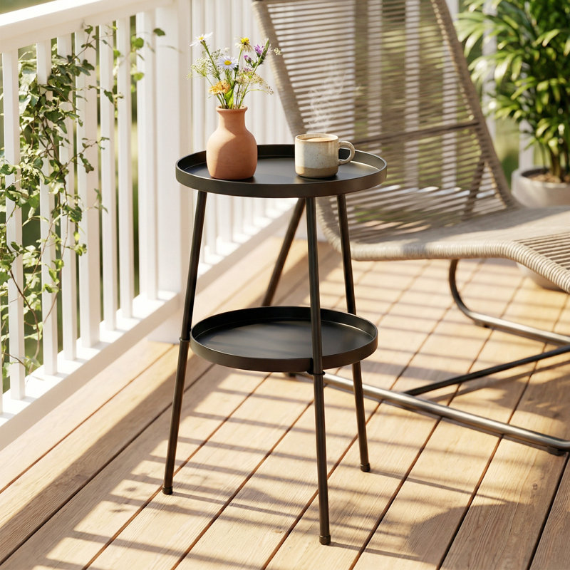 Outsunny Metal Patio Side Table 2-Tier Adjustable Feet, Black