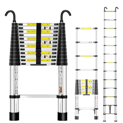 Telescopic Ladder Extendable Ladder 3.5M/11.48FT Stainless Steel Thickened High-Ladders extendable with Non-Slip Feet and Detachable Hooks