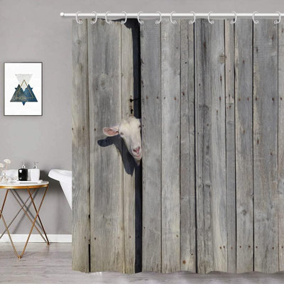 1PC Goat and Gray Rustic Wooden Board Waterproof Shower Curtain with 12 Hooks