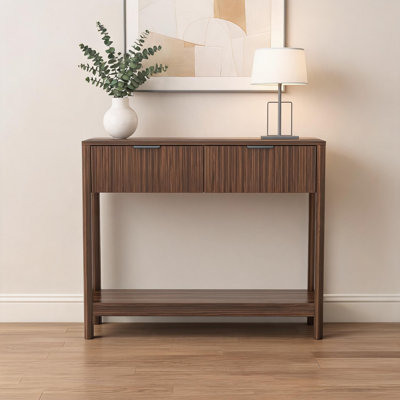 Compact Brown Walnut Narrow Console Table With Drawers Open Shelf Easy Assembly For Small Home Spaces