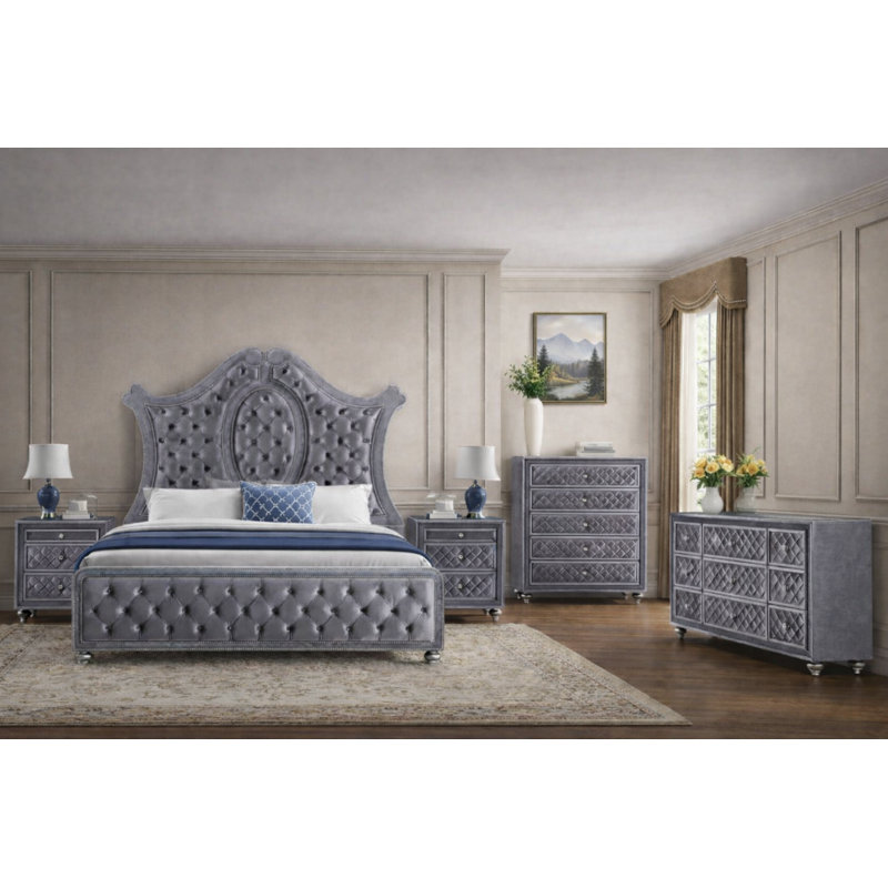 Ensemble de chambre à coucher de luxe à panneau tapissier avec tête de lit capitonnée en velours gris, 5 pièces, Grand lit