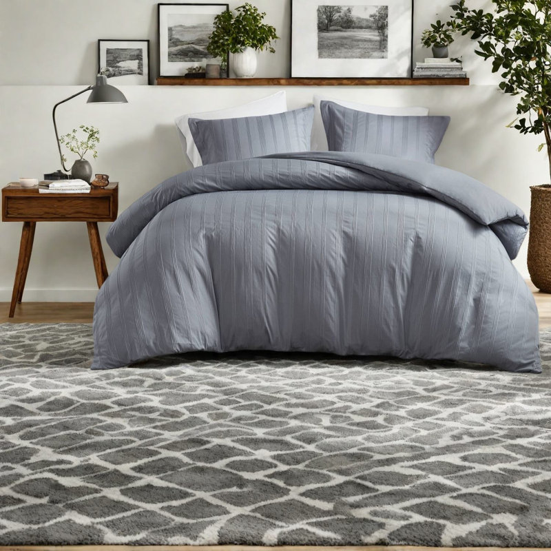 Elegant Queen Bedding Sets, Gray Polyester Stripes, Modern Bedroom