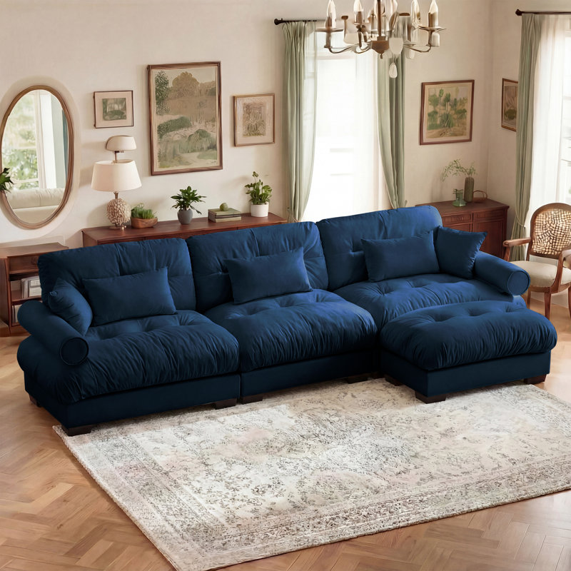 Canapé modulaire en velours de 130 po en L avec repose-pieds, Velours bleu