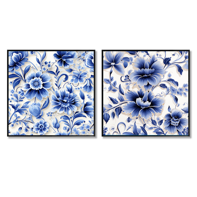 Ensemble de 2 collages carrés floraux en filigrane de style victorien bleu cobalt, Cadre flottant noir, H 16 po x l 33 po