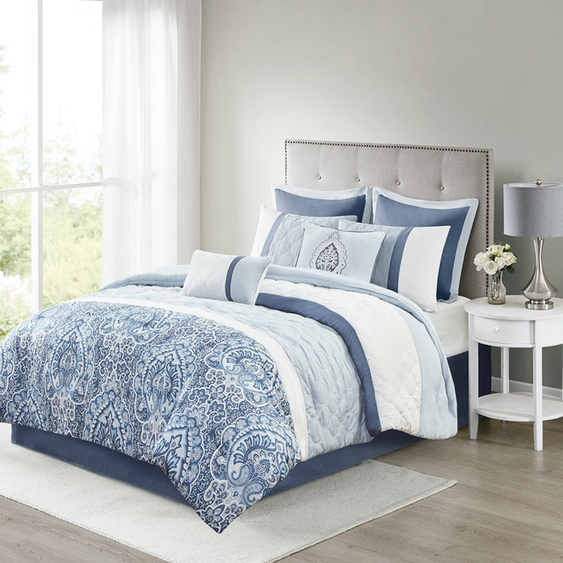 Édredon très grand 8 pièces, courtepointe bleue, 2 taies décoratives européennes, 1 coussin, pièce de fer à vapeur carrée, imprimé, rembourrage, coussins décoratifs, froissé