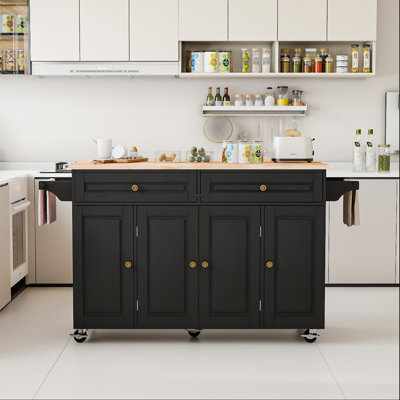 59" Kitchen Island W/sliding Drop Leaf And Storage Doors & Adjustable Shelves, Rolling Mobile Island Table With /spice Rack & Towel Rack & Drawers For by Lark Manor