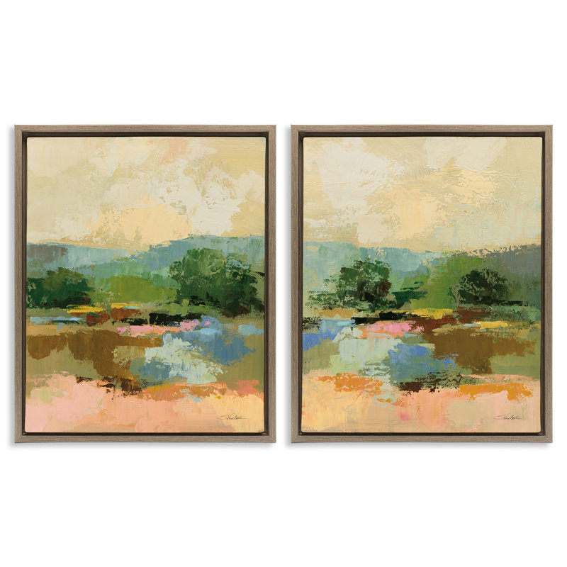 Across the River Landscape, ensemble de 2 toiles flottantes encadrées par Silvia Vassileva, H 21 po x l 17 po