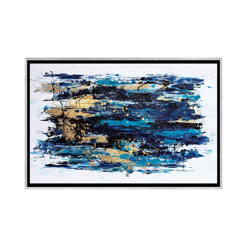 Blue Tide par Nikki Chauhan-impression d’art graphique, Pas de tapis, H 32 po x l 48 po x 1,5 po, Toile avec cadre argenté