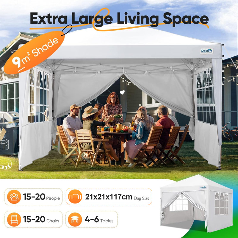 3x3m (10x10ft) Pop Up Canopy Gazebo with Removable Sidewalls, Adjustable Height Event Shelter, White