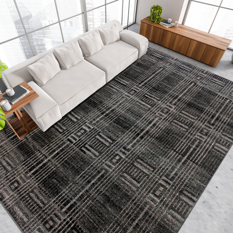 Hand Knotted Wool Striped Area Rug in Charcoal, Rectangle 10' x 14'