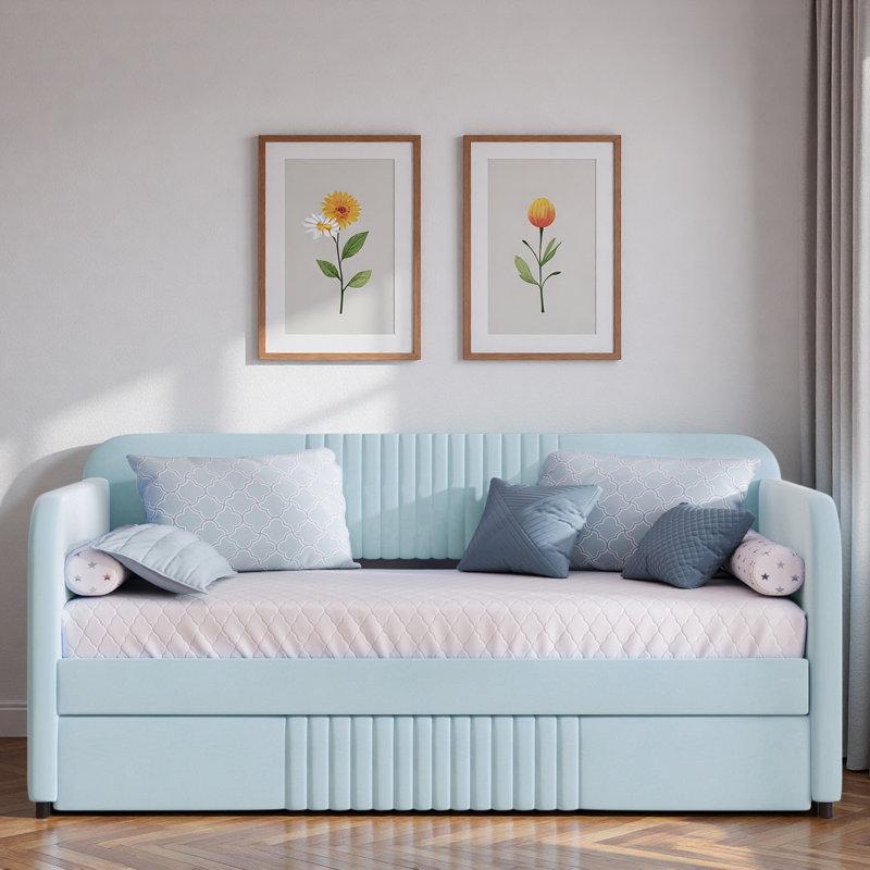 Upholstered Daybed With Trundle And Wood Slat, Light Blue