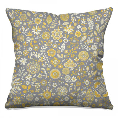 Gray Yellow Floral Pattern Double Sided Throw Pillows