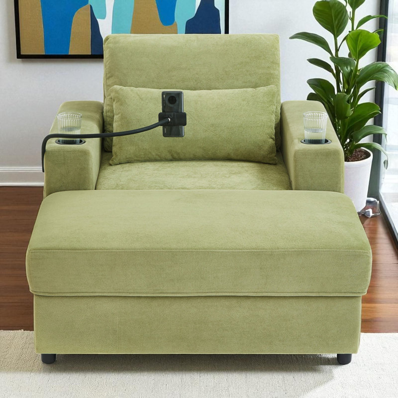 Upholstered Armchair With Storage Ottoman & USB Ports, Green
