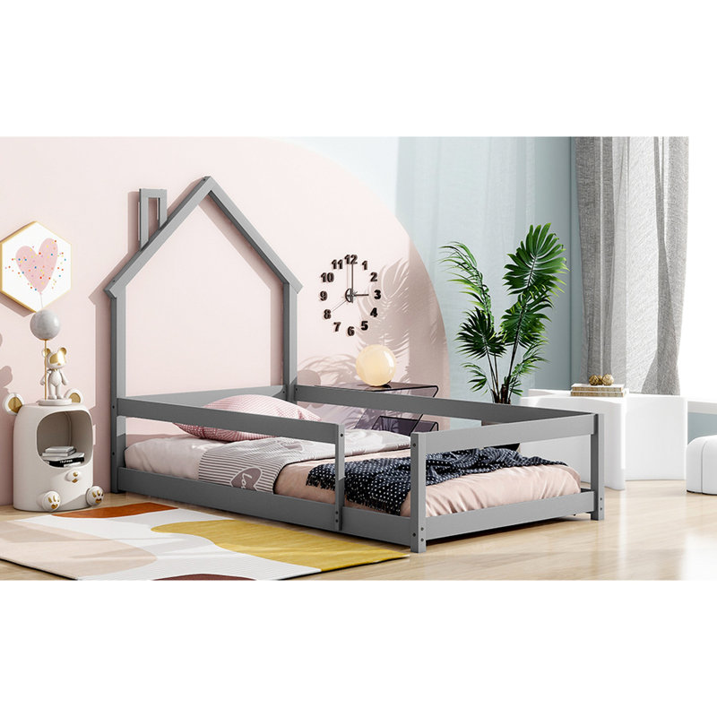 Lit simple en bois avec tête de lit en forme de maison et clôtures, gris - tête de lit de qualité, espace détente