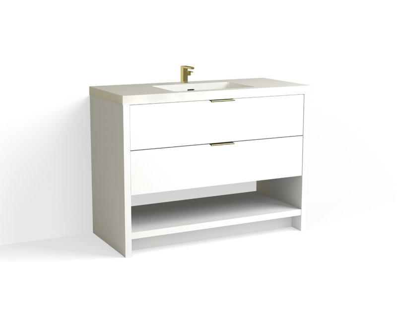 Vue 48" W Freestanding Single Bathroom Vanity, Glossy White/Single, White Nanomatte, Satin Brass
