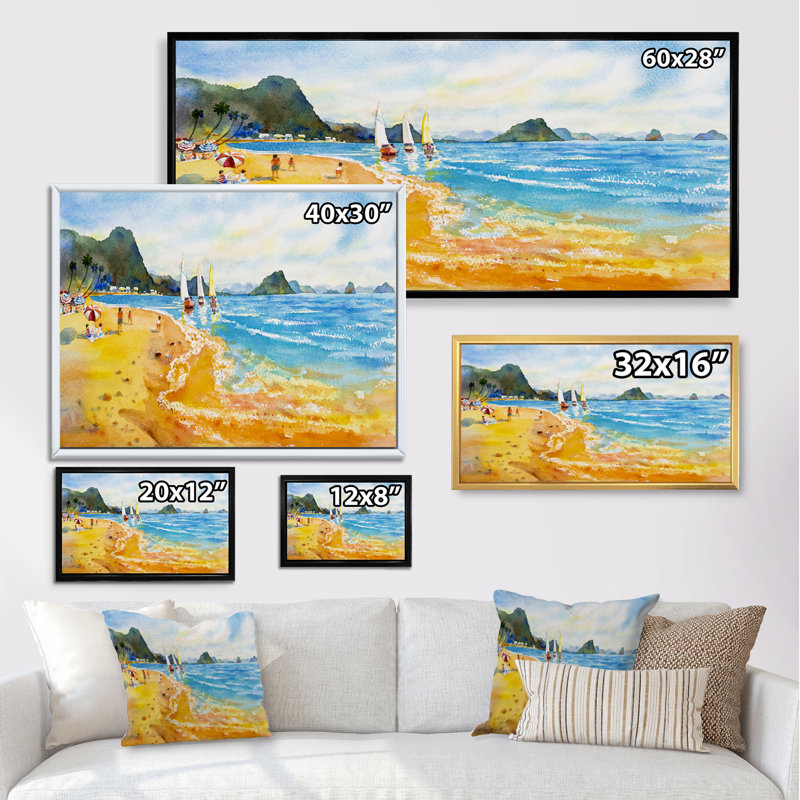 Surf Board on Summer Sea - Peinture sur toile, H 12 po x l 20 po x P 1 po, Cadre noir
