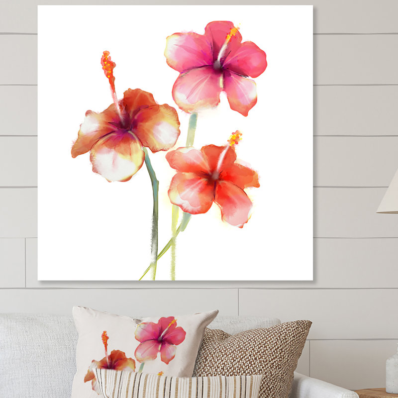 Red Hibiscus Flowers - reproduction de cadre photo sur toile, H 16 po x l 16 po x P 1 po, Toile tendue