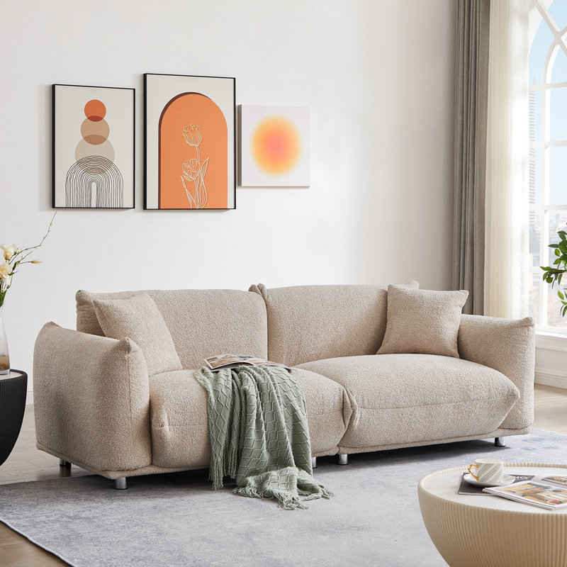 85'' W  Upholstered Compression Sofa with Throw Pillows Available in Living Room Apartment, Camel Boucle