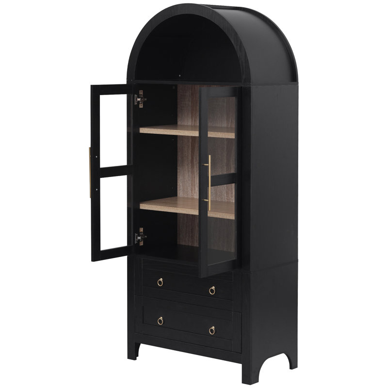 Grand garde-manger arqué 71 po noir moderne Farmhouse avec portes en verre, 2 tiroirs et tablettes réglables, Noir