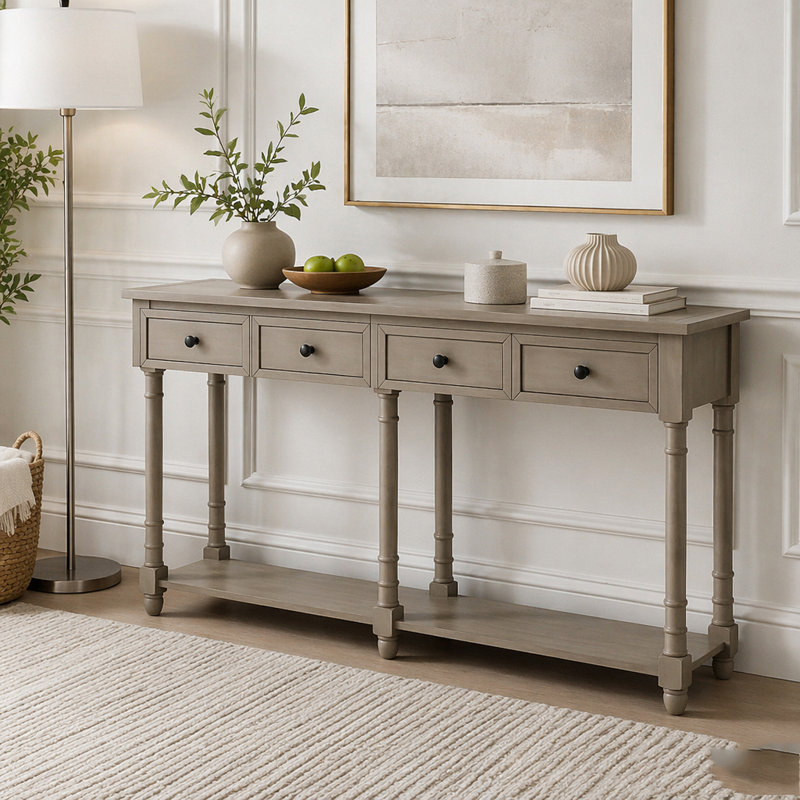 Console rustique avec deux tiroirs et tablette inférieure, Grey Wash