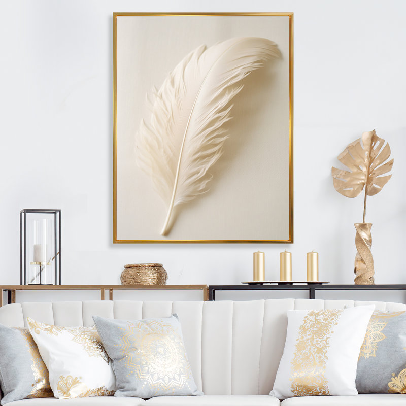 Delicate White Boho Feather - Feathers Large Wall Art, Gold Floater Framed, 40" H x 30" W x 1.5" D