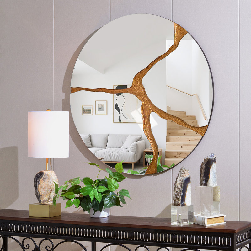 Wood Round Wall Mirror;Bathroom / Vanity Mirror;Flat Wall Mirror, 35.4" x 35.4"