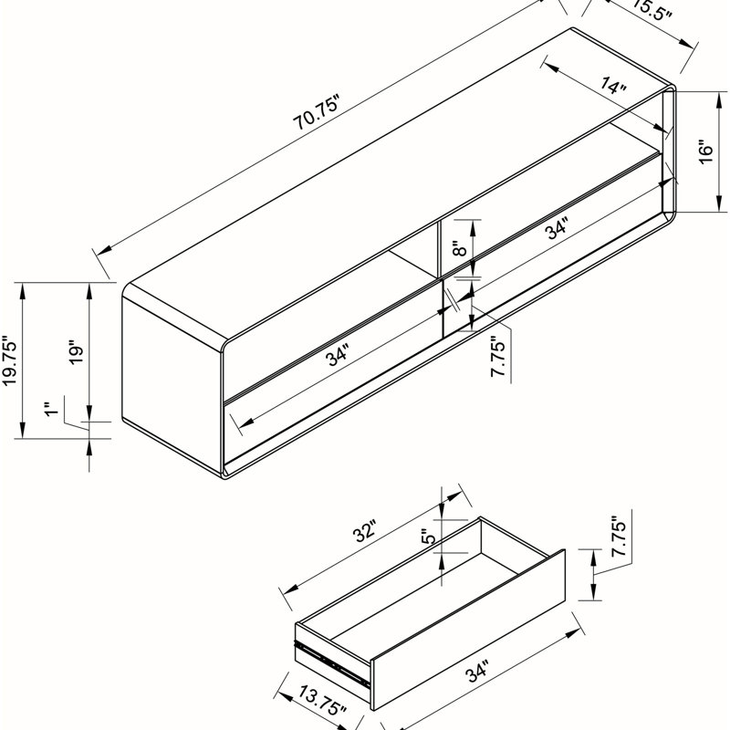 Meuble télé blanc lustré à 2 tiroirs, compatible avec les téléviseurs de 70 à 79 pouces, optimise l'espace, style contemporain, design élégant, profil bas pour téléviseurs jusqu'à 75 pouces.