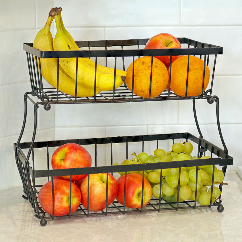 Black Metal Wire Collapsible 2-Tier Fruit Basket for Kitchen Counter