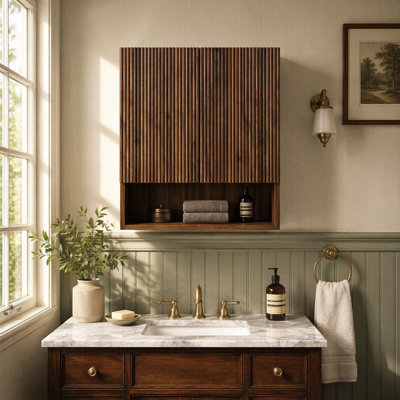 26" Wall-Mounted Striped Bathroom Storage Over Toilet, Bathroom Cabinet With Doors, Shelf And Open Storage Compartment For Bathroom, Laundry Room, Kitchen