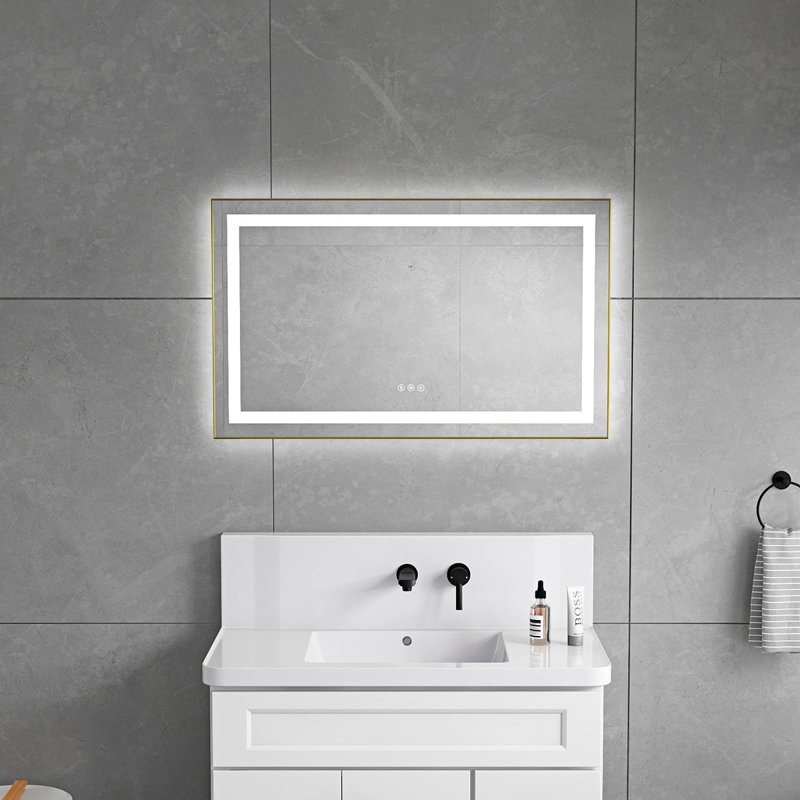 Miroir de salle de bain à DEL avec éclairage antibuée, mémoire et à intensité variable, Métal industriel cendré